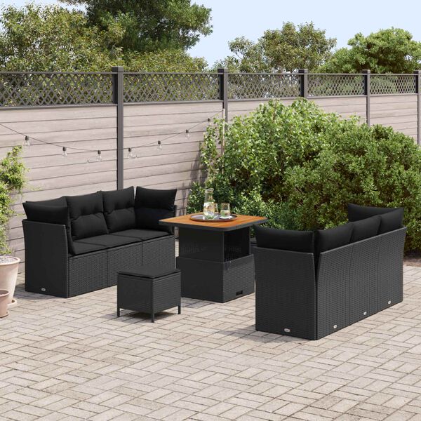 vidaXL Set Divano da Giardino con cuscino 9 pcs Nero polyrattan