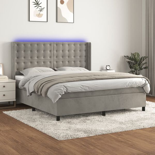 vidaXL Letto a Molle Materasso e LED Grigio Chiaro 160x200 cm Velluto