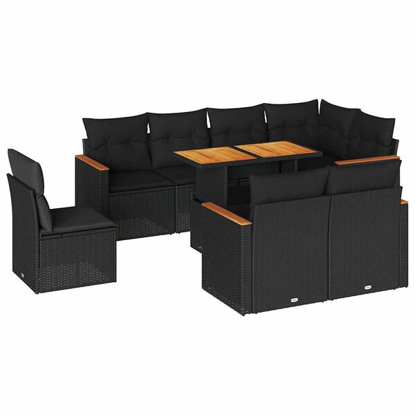 vidaXL Set Divani da Giardino 9 pz con Cuscini Nero Polyrattan Acacia