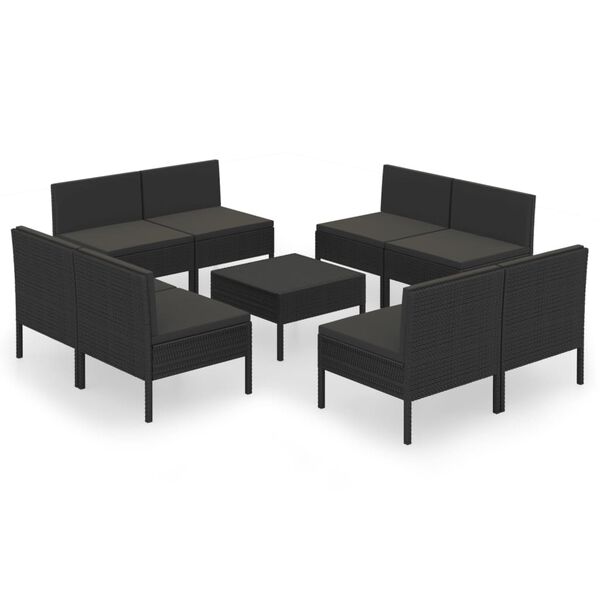 vidaXL Set Divani da Giardino 9 pz con Cuscini in Polyrattan Nero