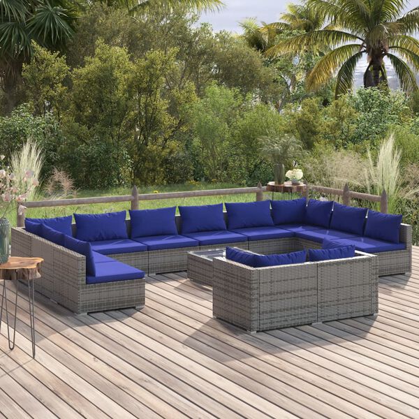 vidaXL Set Divani da Giardino 13 pz con Cuscini in Polyrattan Grigio