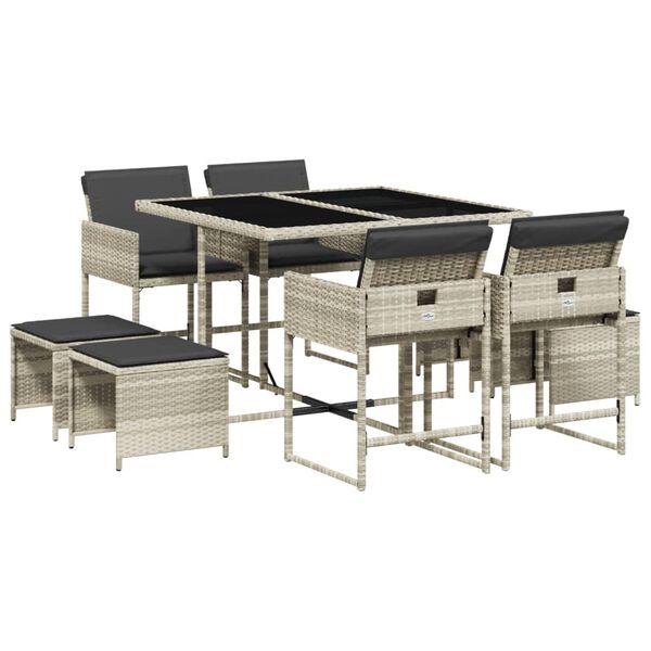 vidaXL Set Pranzo da Giardino 9pz con Cuscini Grigio Chiaro Polyrattan