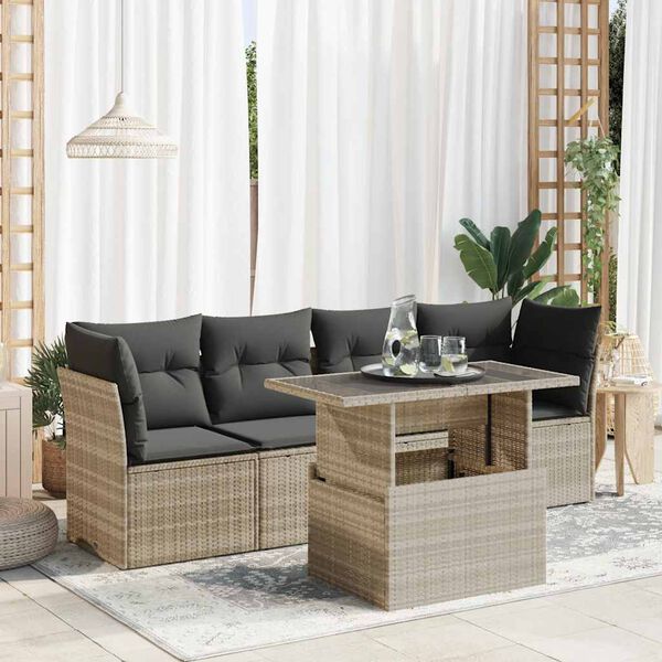 vidaXL Set Divano da Giardino 5pz con Cuscini Grigio Chiaro Polyrattan