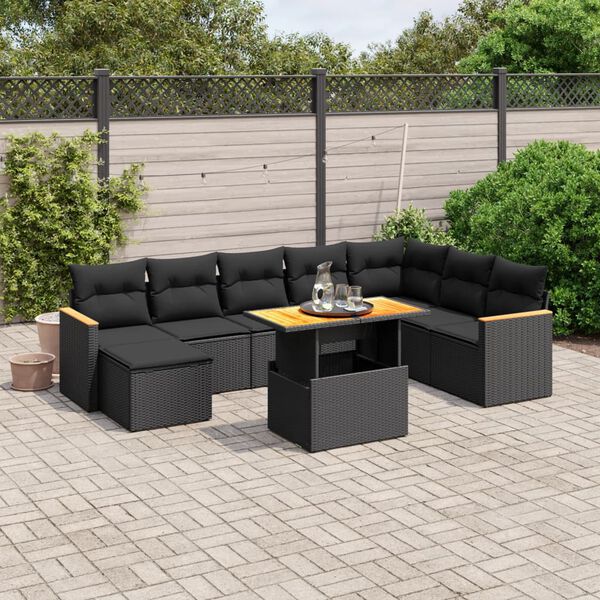 vidaXL Set Divani da Giardino 9 pz con Cuscini Nero in Polyrattan