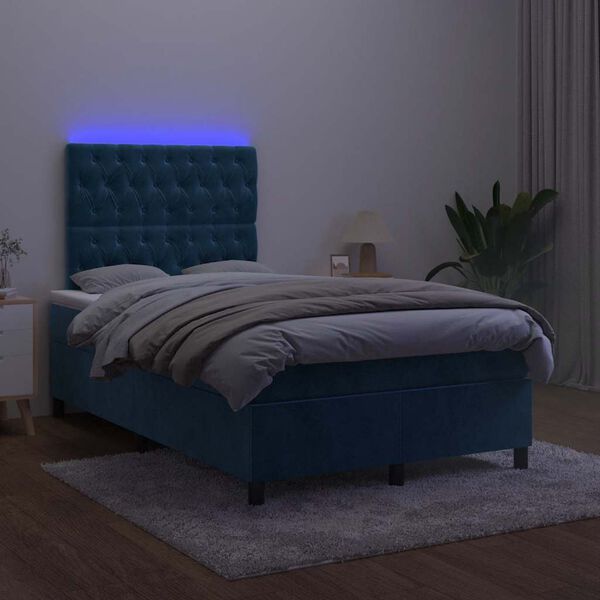 vidaXL Letto a Molle Materasso e LED Blu Scuro 120x190 cm in Velluto
