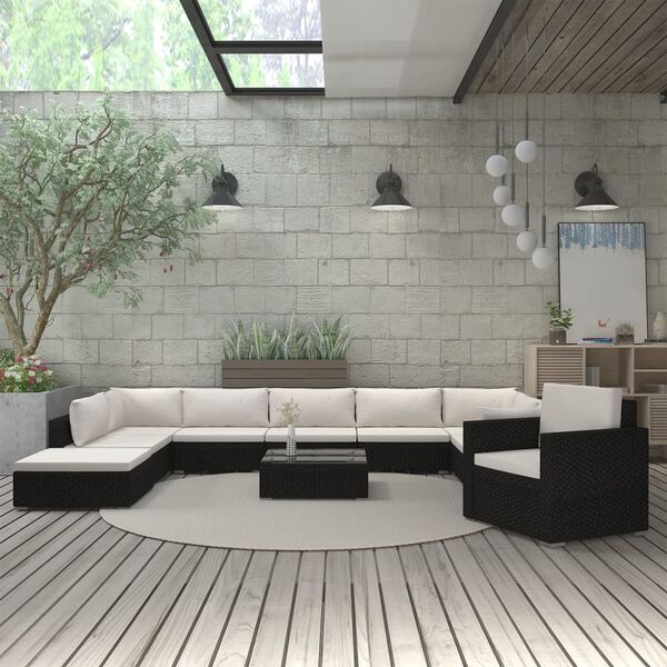 vidaXL Set Divani da Giardino 11 pz con Cuscini in Polyrattan Nero