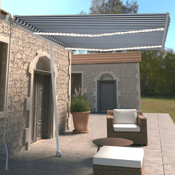 vidaXL Tenda da Sole Retrattile Manuale con LED 350x250cm Blu e Bianco