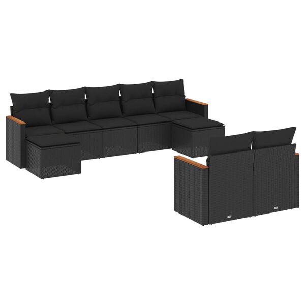 vidaXL Set Divani da Giardino 9 pz con Cuscini Nero in Polyrattan