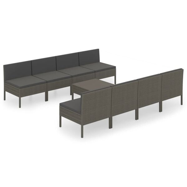 vidaXL Set Divani da Giardino 9 pz con Cuscini in Polyrattan Grigio