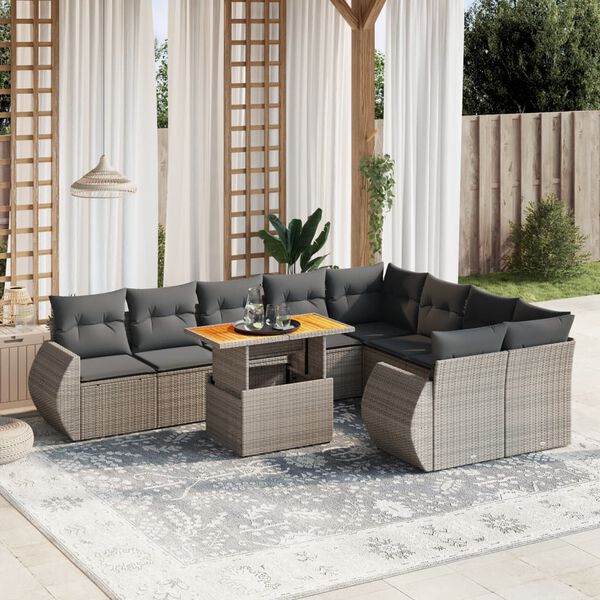 vidaXL Set Divano da Giardino 10 pz con Cuscini Grigio in Polyrattan