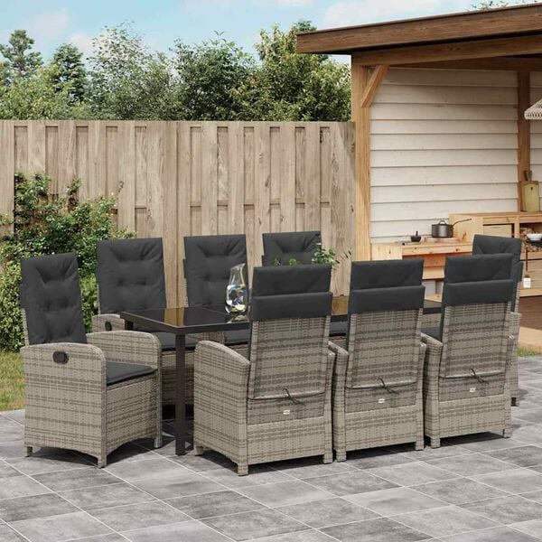 vidaXL Set da Pranzo per Giardino con cuscino 9 pcs Grigio polyrattan