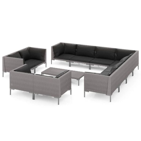 vidaXL Divani da Giardino 12 pz con Cuscini in Polyrattan Grigio Scuro