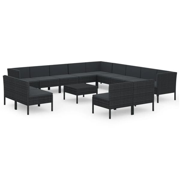vidaXL Set Divani da Giardino 14 pz con Cuscini in Polyrattan Nero