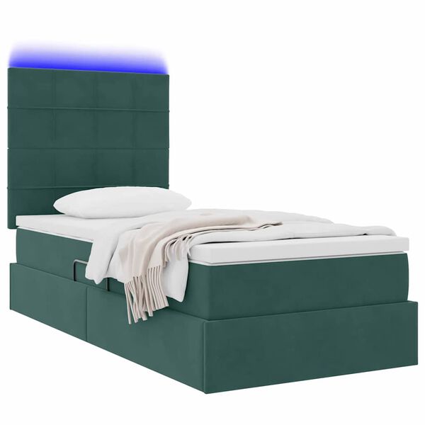 vidaXL Letto con contenitore e LED Verde Scuro 90 x 190 cm Velluto