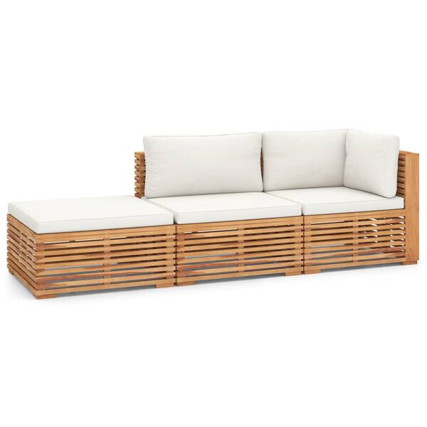 vidaXL Set Divani da Giardino 3 pz con Cuscini Crema in Legno di Teak