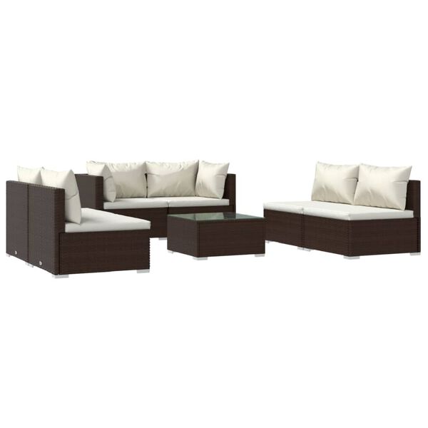vidaXL Set Divani da Giardino 7 pz con Cuscini in Polyrattan Marrone