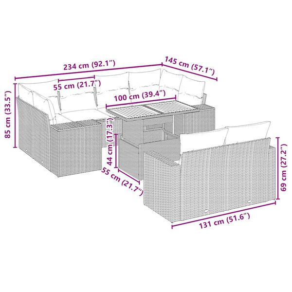 vidaXL Set Divani da Giardino 11 pz con Cuscini Beige in Polyrattan