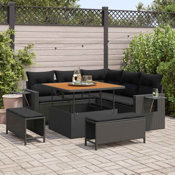vidaXL Set Divano da Giardino con cuscino 9 pcs Nero polyrattan
