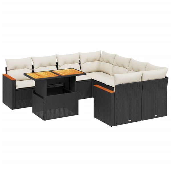 vidaXL Set Divani da Giardino 9 pz con Cuscini Nero in Polyrattan