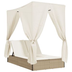 vidaXL Lettino Prendisole con Tetto e Tende Beige in Polyrattan