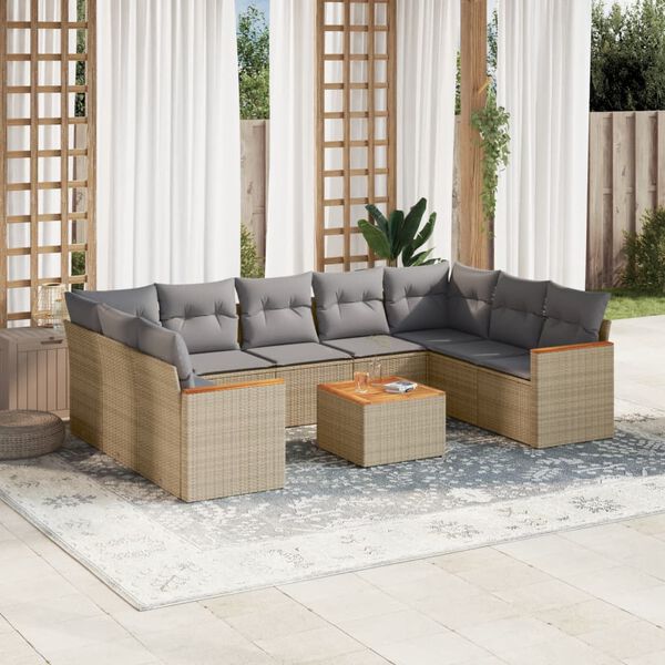 vidaXL Set Divano da Giardino 10 pz con Cuscini Beige in Polyrattan