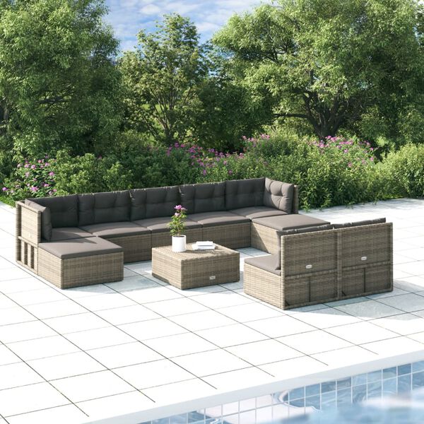 vidaXL Set Divani da Giardino 9 pz con Cuscini in Polyrattan Grigio