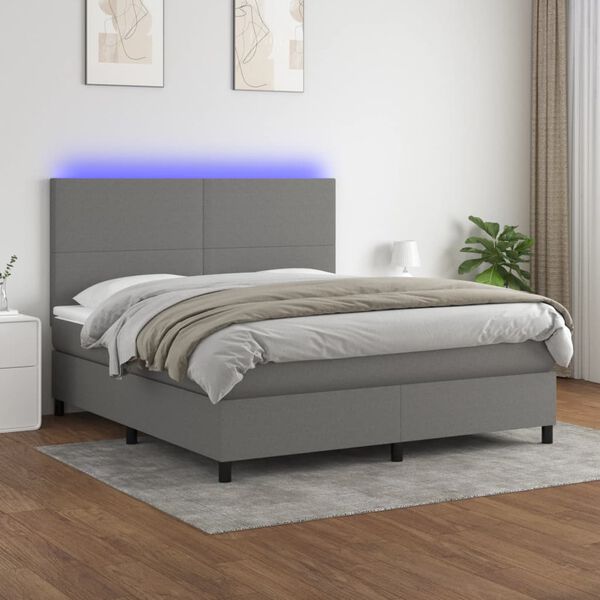 vidaXL Letto a Molle Materasso e LED Grigio Scuro 180x200cm in Tessuto