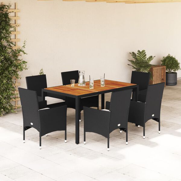 vidaXL Set Pranzo da Giardino 7 pz Nero con Cuscini Polyrattan Acacia
