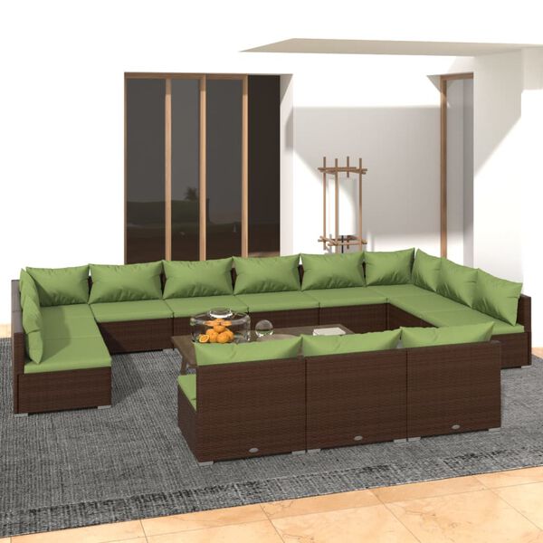vidaXL Set Divani da Giardino 13 pz con Cuscini in Polyrattan Marrone