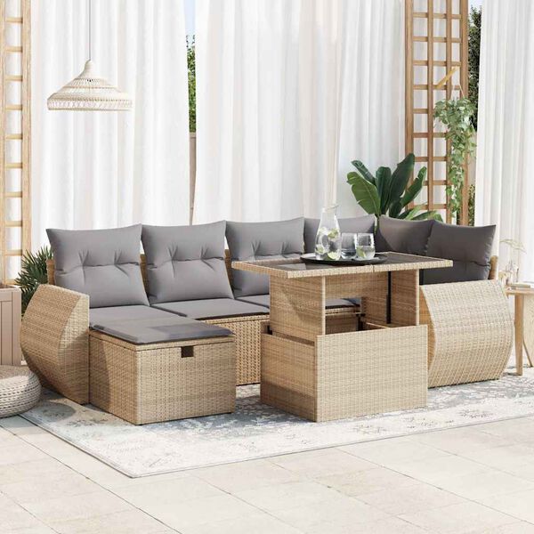 vidaXL Set Divani da Giardino 7 pz con Cuscini Beige in Polyrattan
