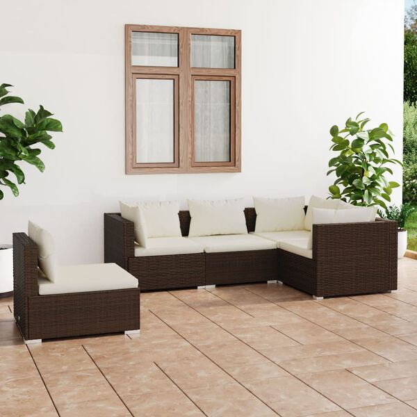 vidaXL Set Divani da Giardino con Cuscini 5 pz in Polyrattan Marrone
