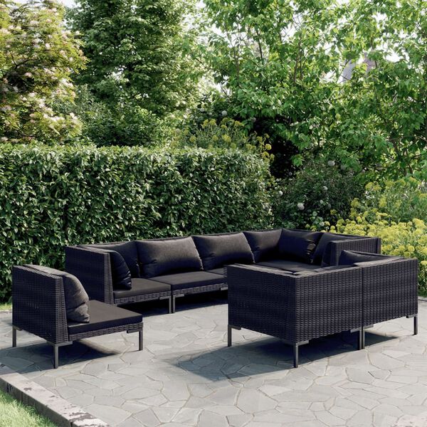 vidaXL Divani da Giardino 8 pz con Cuscini in Polyrattan Grigio Scuro