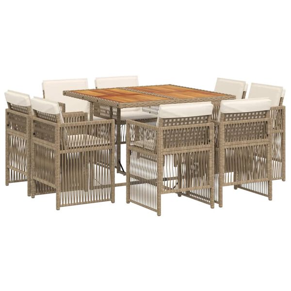 vidaXL Set da Pranzo da Giardino 9 pz con Cuscini Beige in Polyrattan
