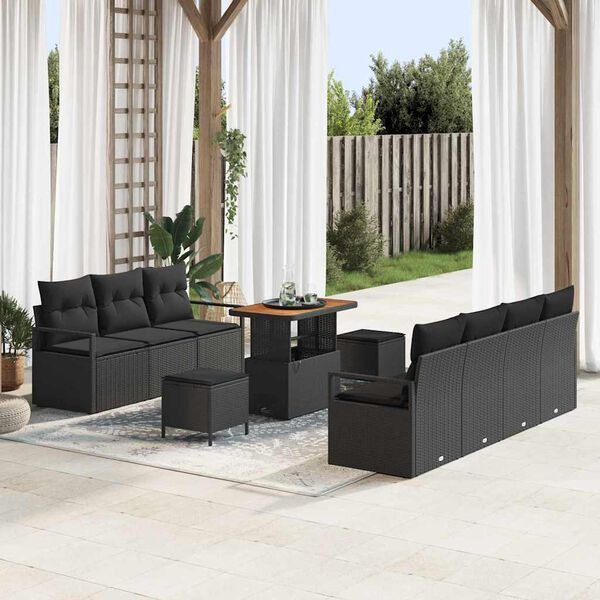 vidaXL Set Divano da Giardino con cuscino 10 pcs Nero Poly Rattan