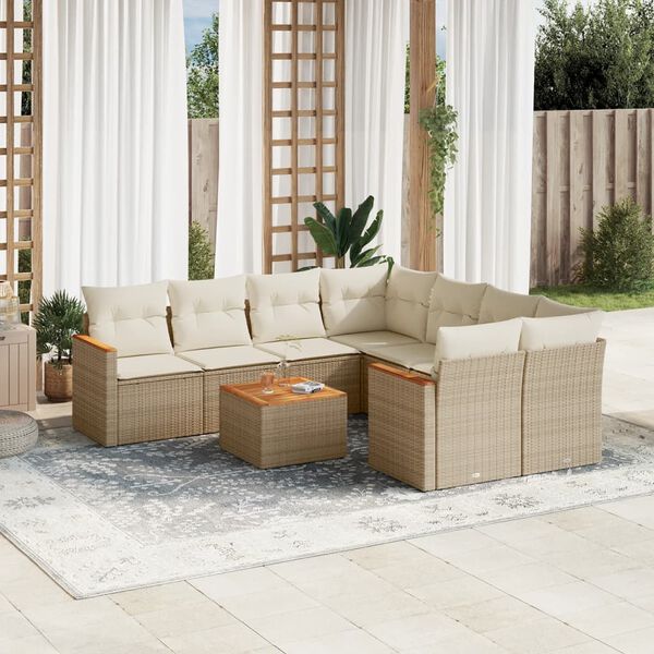 vidaXL Set Divano da Giardino 9 pz con Cuscini Beige in Polyrattan