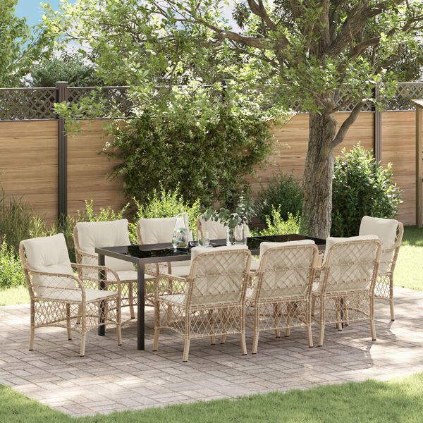 vidaXL Set da Pranzo per Giardino con cuscino 9 pcs Beige polyrattan