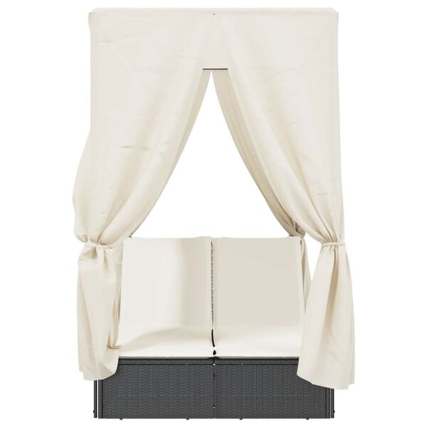 vidaXL Lettino Prendisole con Tetto e Tende Nero in Polyrattan