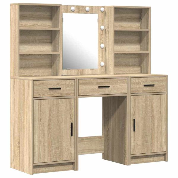 vidaXL Set da tavolo da trucco con LED con porta 3 pcs Rovere Sonoma