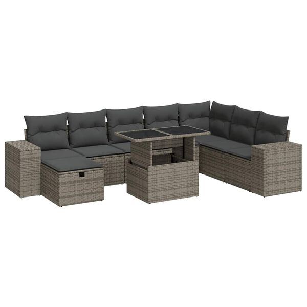 vidaXL Set Divano da Giardino 9 pz con Cuscini Grigio in Polyrattan