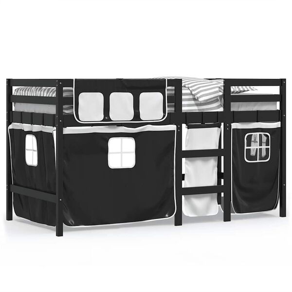 vidaXL Letto a Soppalco con Tende Bambini Bianco e Nero 90x200 cm Pino