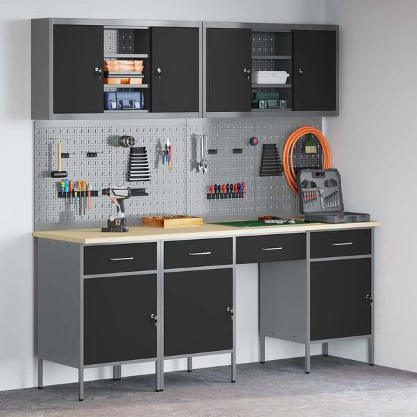 vidaXL Mobile da lavoro 10 pcs Nero Legno ingegnerizzato e acciaio