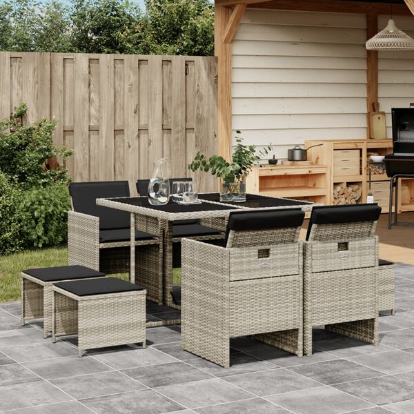 vidaXL Set Pranzo da Giardino 9pz con Cuscini Grigio Chiaro Polyrattan