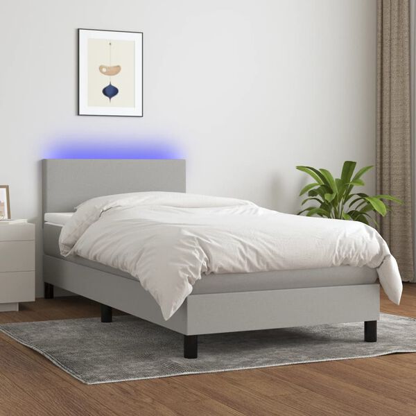 vidaXL Letto a Molle Materasso e LED Grigio Chiaro 90x190 cm Tessuto