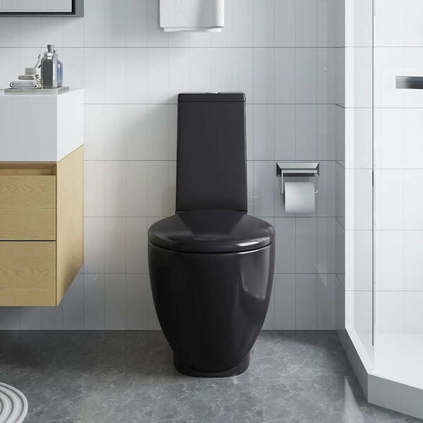 vidaXL Vaso WC in Ceramica da Bagno Rotondo Base con Scarico Nero