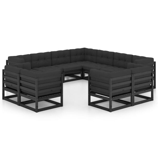 vidaXL Set Divani da Giardino 11 pz con Cuscini Massello di Pino Nero