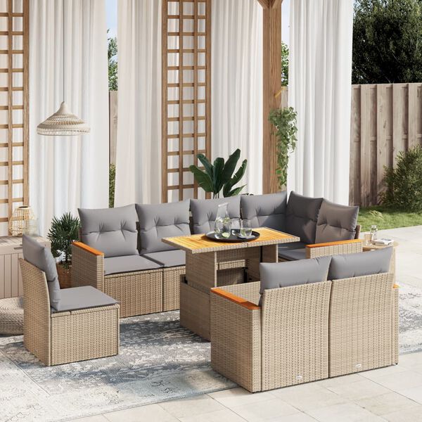 vidaXL Set Divano da Giardino 9 pz con Cuscini Beige in Polyrattan
