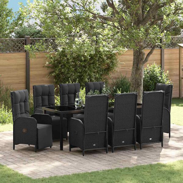 vidaXL Set da Pranzo per Giardino con cuscino 9 pcs Nero polyrattan