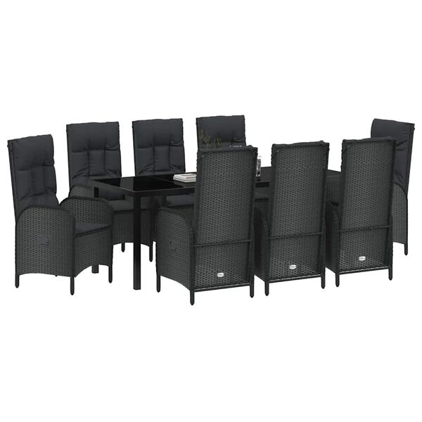 vidaXL Set da Pranzo per Giardino con cuscino 9 pcs Nero polyrattan
