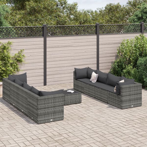vidaXL Set Divani da Giardino 9 pz con Cuscini in Polyrattan Grigio
