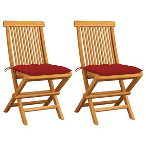 vidaXL Sedie pieghevoli con cuscini rossi, 2 pezzi, in legno massello di teak.